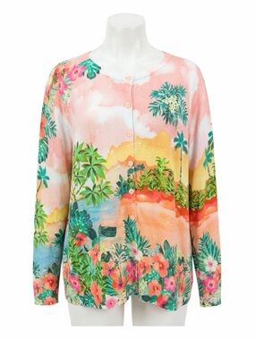 NWOT Talbots Charming Hawaiian Beach Scene Lightweight Button Closure Cardigan
